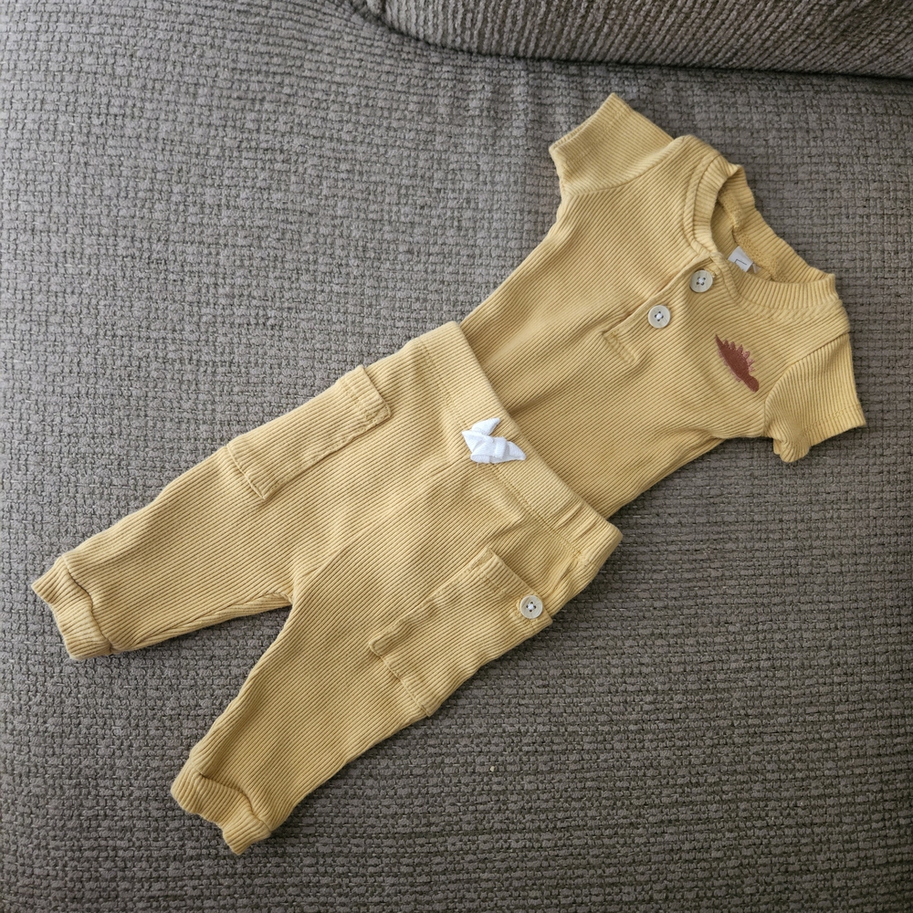 Liam & James Mustard Gold Yellow Baby Outfit Ribbed 2-Piece Buttons Dinosaur